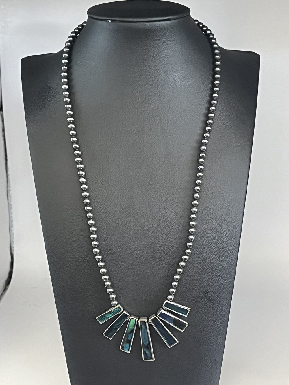 Vintage Hematite Beaded Green Blue Stone Pendant Necklace